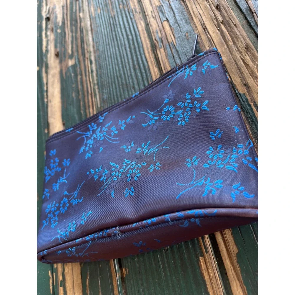 Floral Brocade Makeup Bag Purple Blue Satin Travel Pouch Cosmetic Case